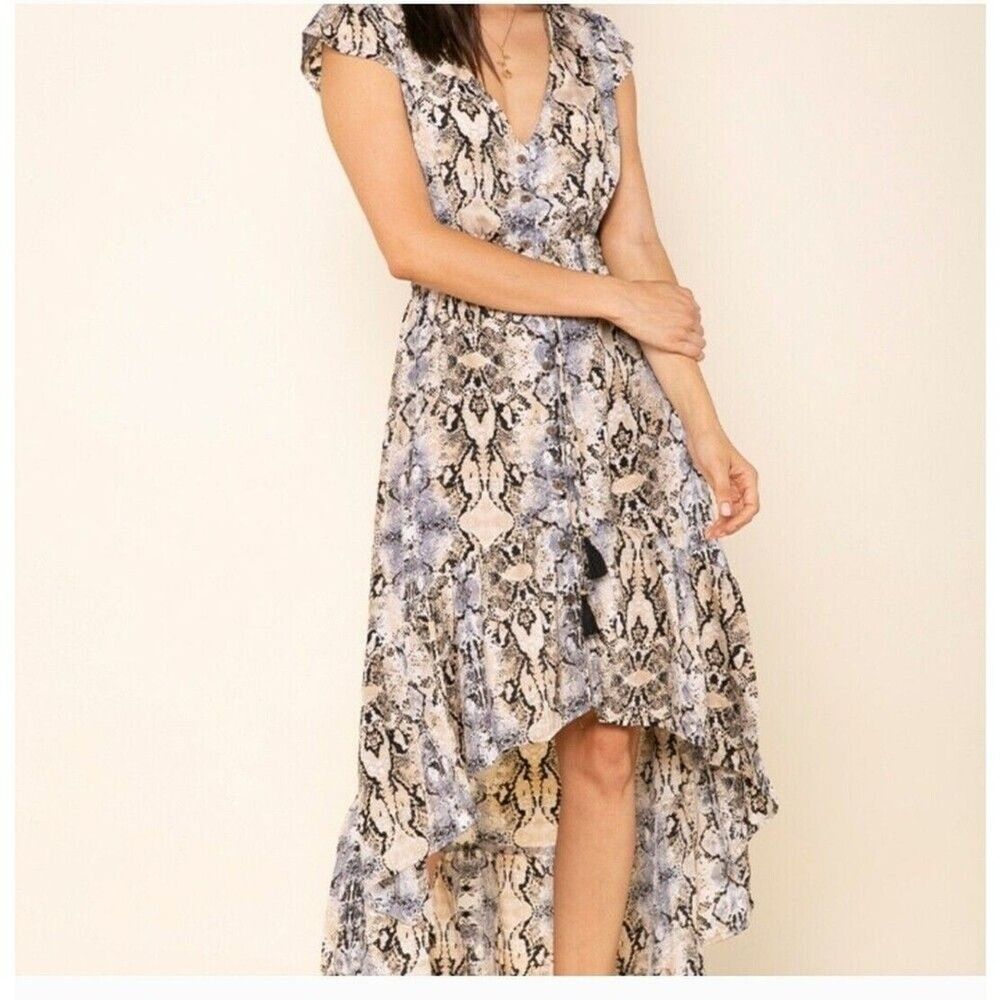 Anthropologie Raga snake print high/low maxi dress XS tassel elastic waist $130